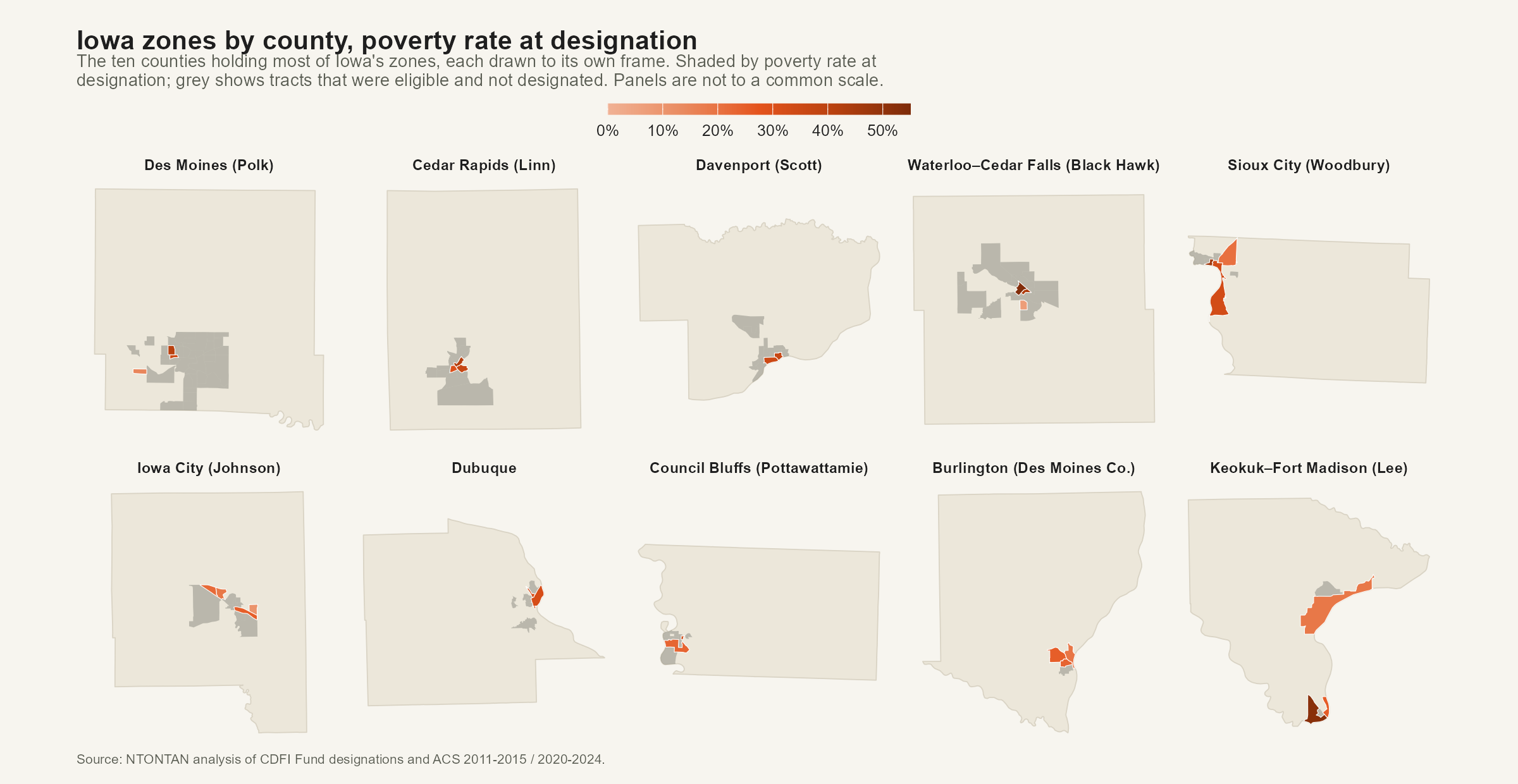 Ten Iowa counties shown as insets with designated zones and passed-over tracts
